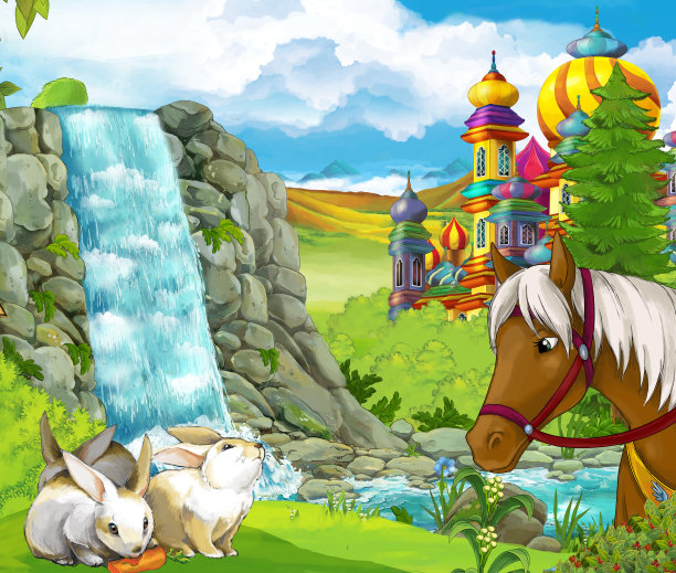 卡通自然场景与城堡与马在森林图片下载