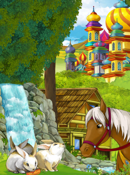 卡通自然场景与城堡与马在森林图片下载