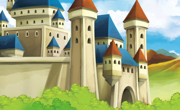 卡通自然场景与城堡在背景插图图片下载