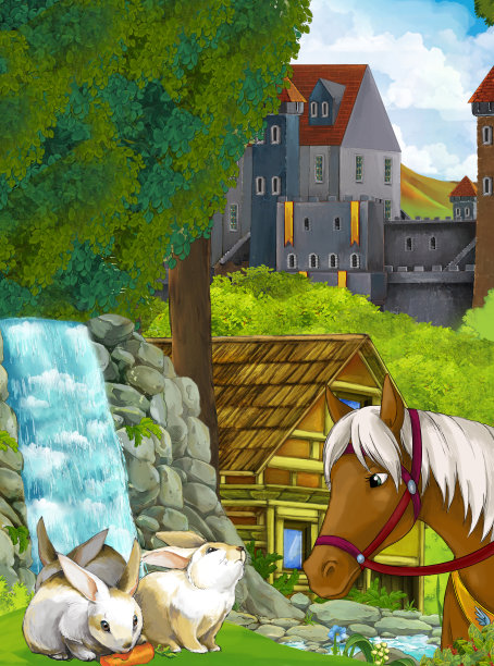 卡通自然场景与城堡与马在森林图片下载