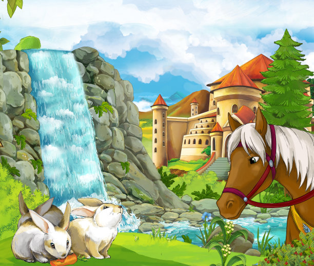 卡通自然场景与城堡与马在森林图片下载