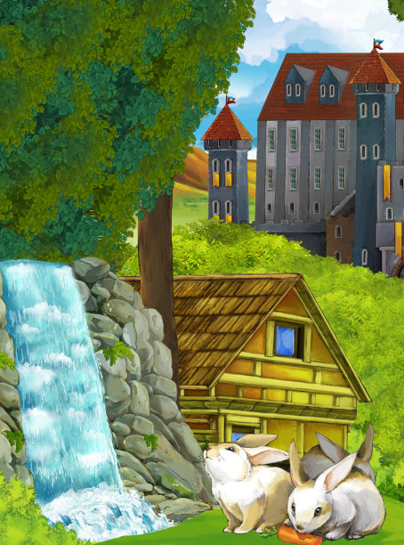 卡通场景与瀑布和农场牧场房子图片下载