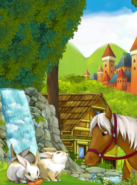 卡通自然场景与城堡与马在森林图片下载