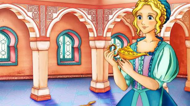 卡通场景与公主在城堡插图图片下载