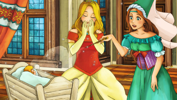 卡通场景与公主在城堡插图图片下载