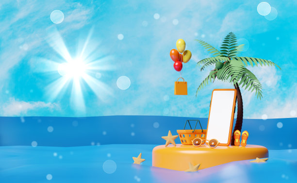 舞台讲台与手机，智能手机，气球，手掌，购物纸袋，篮子，凉鞋，海星，太阳镜隔离在蓝天背景，购物夏季促销概念，3d插图或3d渲染图片下载