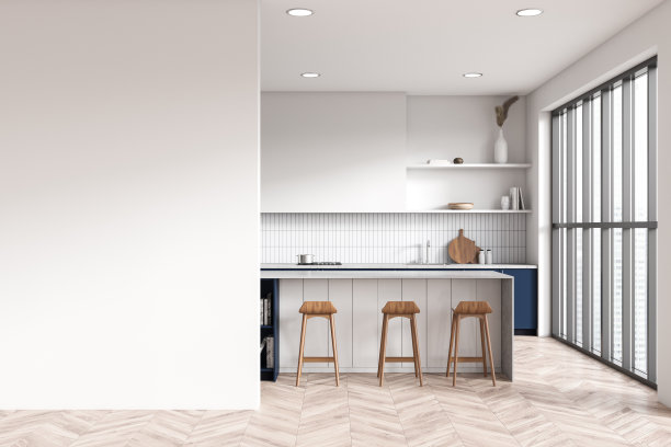 正面视图明亮的厨房室内与白墙图片下载