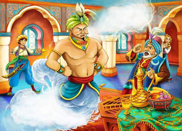 卡通场景与精灵魔术师和王子在城堡插图图片下载