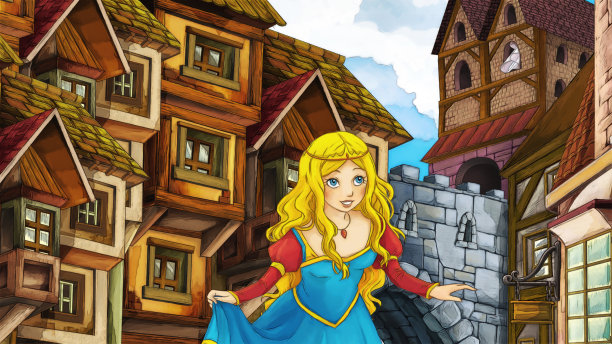 卡通场景与公主在城市城镇插图图片下载