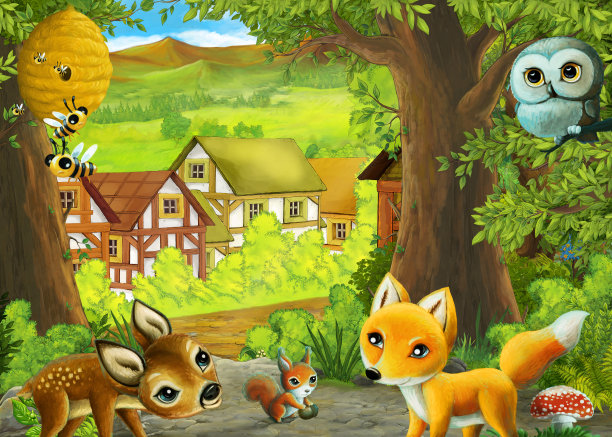 卡通自然场景附近的森林与路径插图图片下载