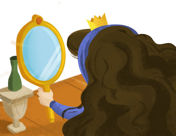 卡通女王或公主看着镜子插图图片下载