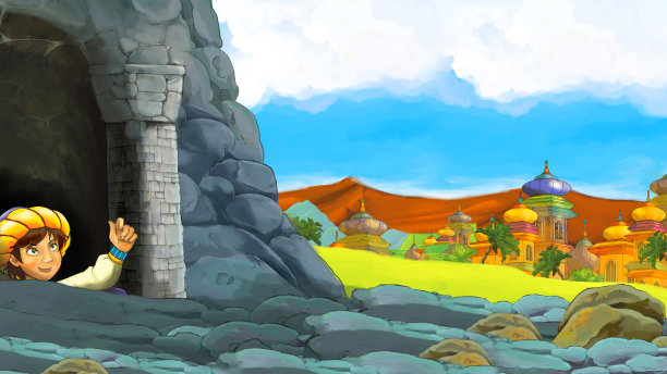 卡通场景与王子在城堡附近的插图图片下载