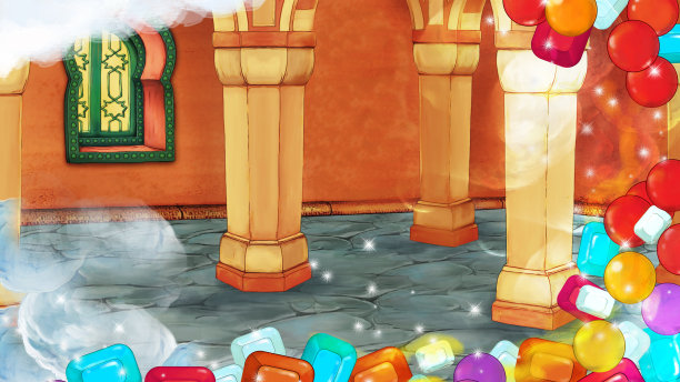 中世纪阿拉伯房间的卡通场景-远东饰品与宝物框架-不同用途的舞台-儿童插画图片下载