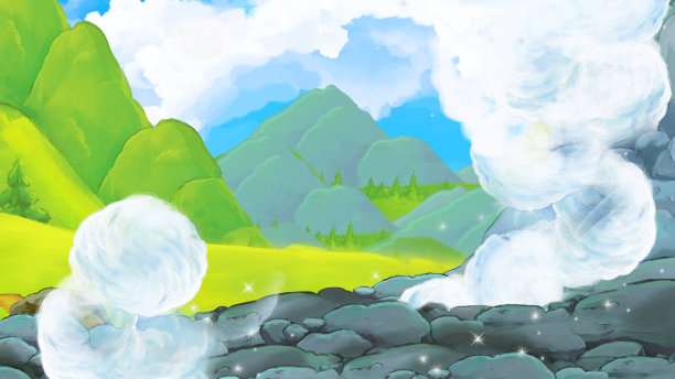 群山环绕的草地的卡通场景-儿童插图图片下载