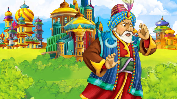 中世纪阿拉伯王国王子或国王旅行的卡通场景-远东装饰品-舞台用途不同-儿童插画图片下载