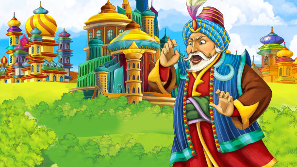 中世纪阿拉伯王国王子或国王旅行的卡通场景-远东装饰品-舞台用途不同-儿童插画图片下载