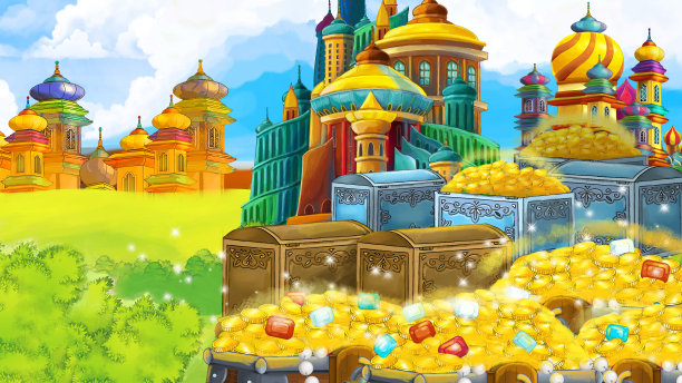 卡通场景与美丽的中世纪城堡-远东王国-儿童插图图片下载