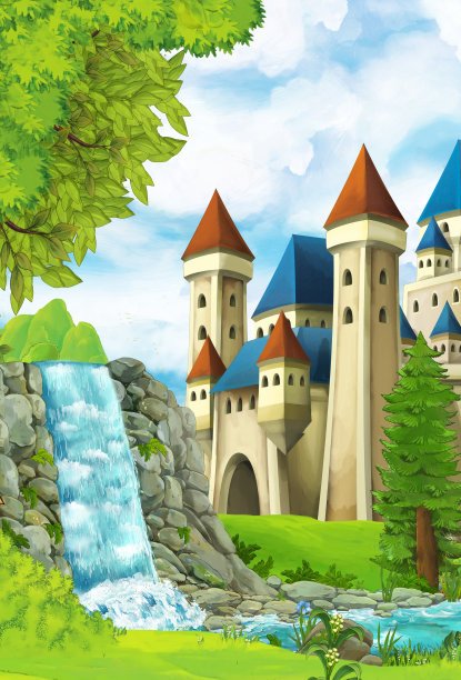 卡通自然场景与瀑布与城堡在背景插图图片下载
