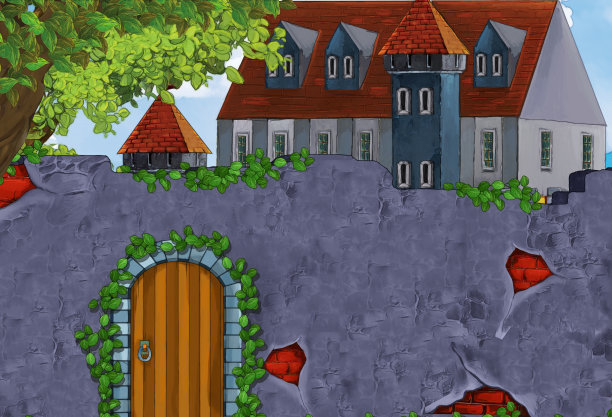 森林边城堡的卡通欢乐场景-不同用途的舞台-儿童插画图片下载