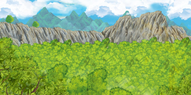 在环山环抱的火山口森林的卡通场景-儿童插图图片下载