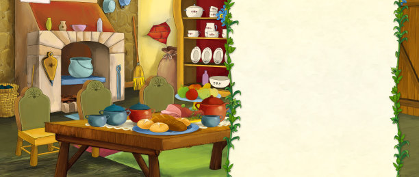 卡通场景与中世纪厨房房间插图图片下载