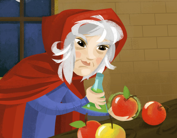 卡通场景与老巫婆与魔法苹果插图图片下载