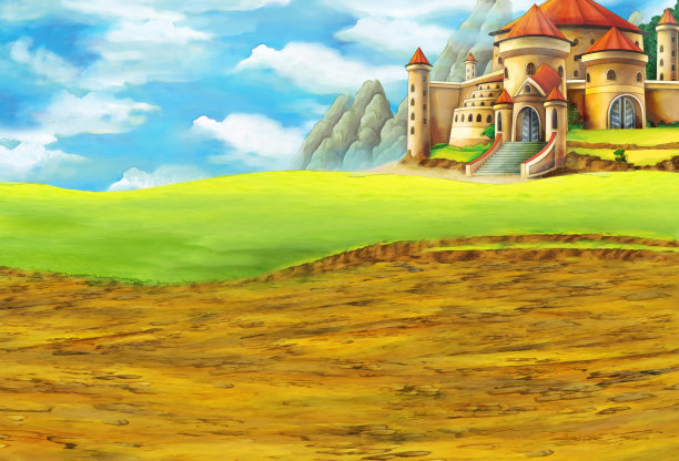 远处有城堡的卡通场景——儿童插画图片下载