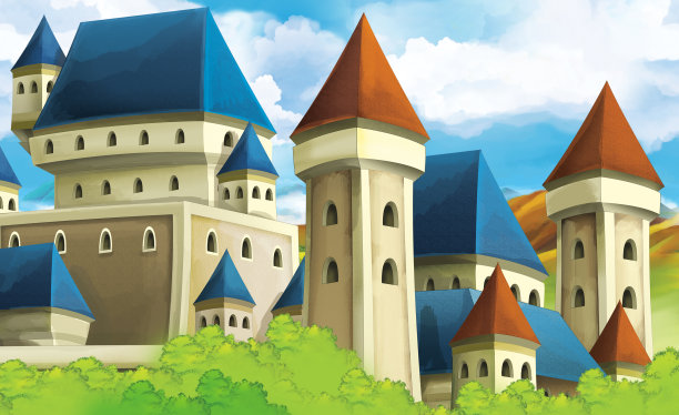 卡通自然场景与城堡在背景插图图片下载