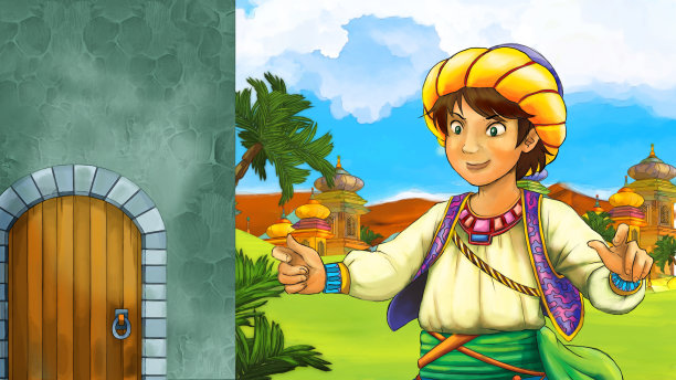 卡通场景与中世纪阿拉伯王国王子或国王旅行附近的木门入口-远东饰品-不同用途的舞台-儿童插图图片下载