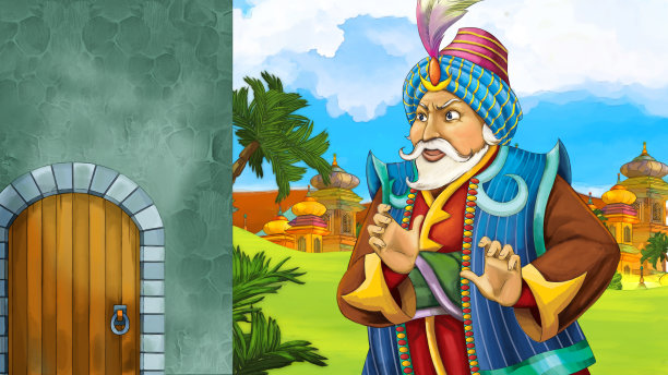 卡通场景与中世纪阿拉伯王国王子或国王旅行附近的木门入口-远东饰品-不同用途的舞台-儿童插图图片下载