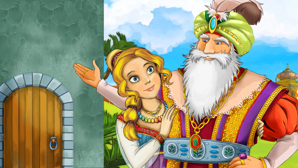 卡通场景与中世纪阿拉伯王国父女-远东饰品-舞台用途不同-儿童插画图片下载