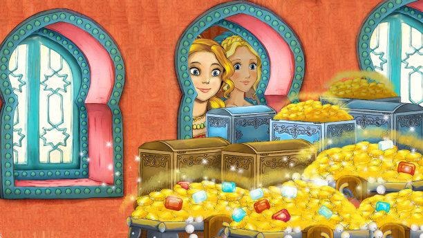 中世纪阿拉伯房间的卡通场景-远东装饰品-不同用途的舞台-儿童插画图片下载