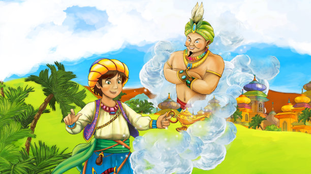 卡通场景与王子在城堡附近的插图图片下载