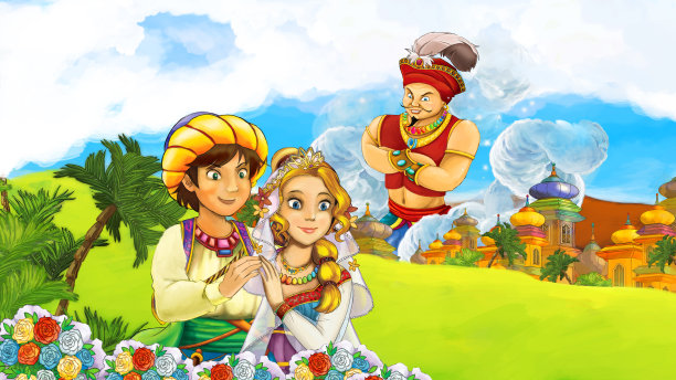 卡通场景与王子在城堡附近的插图图片下载