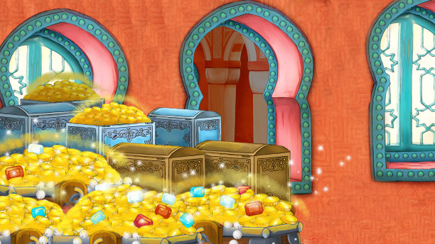 中世纪阿拉伯房间的卡通场景-远东装饰品-不同用途的舞台-儿童插画图片下载