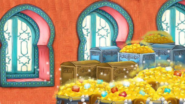 中世纪阿拉伯房间的卡通场景-远东装饰品-不同用途的舞台-儿童插画图片下载