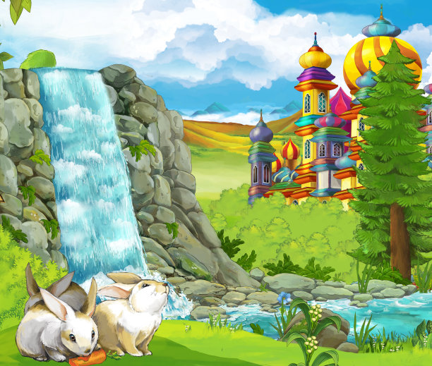 卡通自然场景与瀑布兔子城堡的背景图片下载