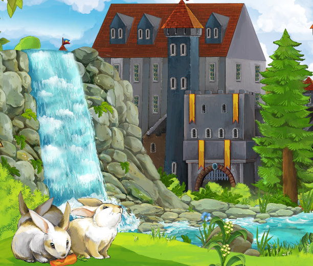 卡通自然场景与瀑布兔子城堡的背景图片下载