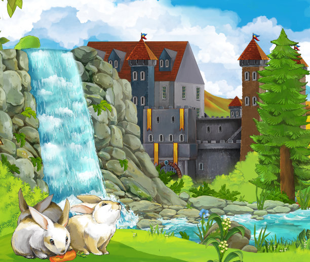 卡通自然场景与瀑布兔子城堡的背景图片下载