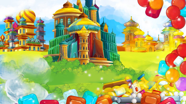 卡通场景与中世纪阿拉伯王国-远东饰品-舞台不同用途-儿童插画图片下载