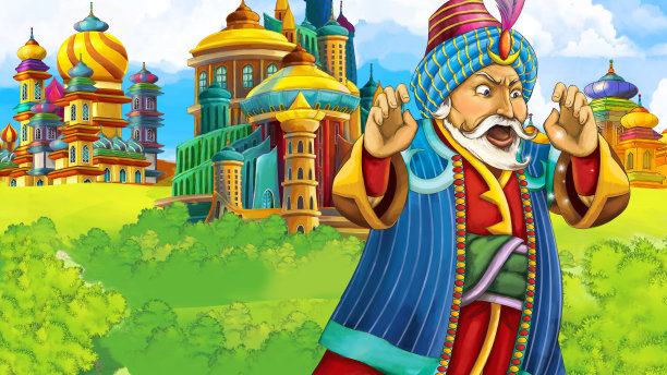 中世纪阿拉伯王国王子或国王旅行的卡通场景-远东装饰品-舞台用途不同-儿童插画图片下载