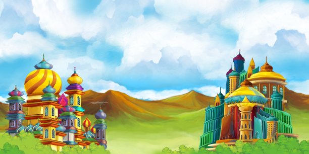 卡通场景与美丽的中世纪城堡-远东王国-儿童插图图片下载