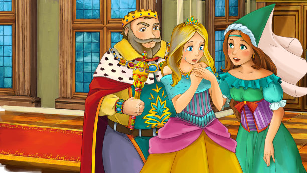 卡通女王和国王，带着儿子或女儿图片下载