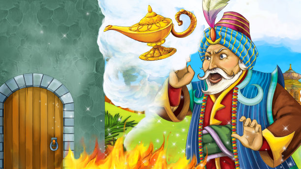 卡通场景与中世纪阿拉伯王国王子或国王旅行附近的木门入口-远东饰品-不同用途的舞台-儿童插图图片下载