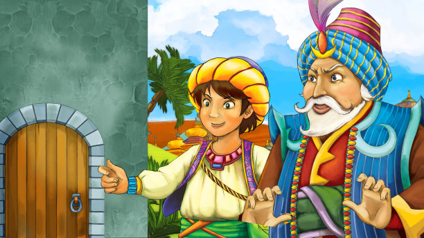 卡通场景与中世纪阿拉伯王国王子或国王旅行附近的木门入口-远东饰品-不同用途的舞台-儿童插图图片下载