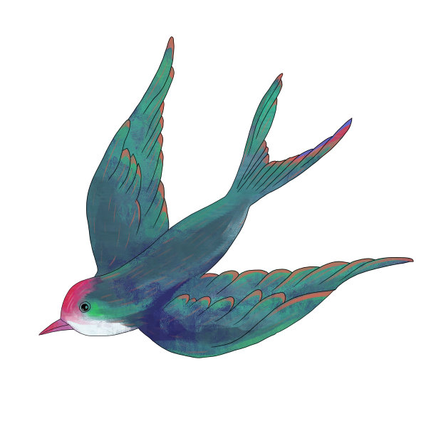水彩画的鸟类飞行与绿色的羽毛和红色的头图片下载
