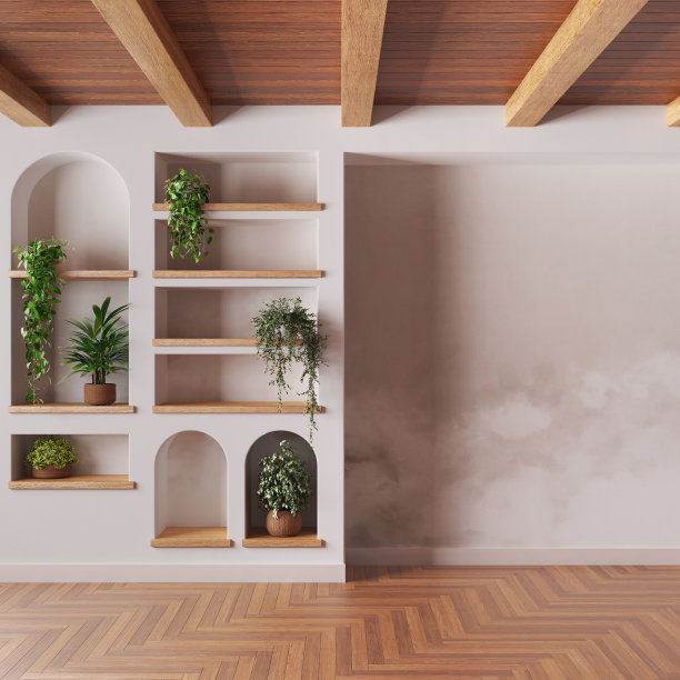 空房间的室内设计以白色和米色为主调，带有复制空间。木质天花板，镶木地板和壁纸。架子和壁龛的盆栽和盆景图片下载