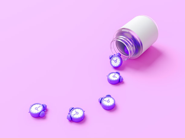 一罐闹钟形状的药丸，睡眠概念。药物隐喻，揭示了失眠、早晨、休息和现代生活方式的概念。三维渲染图片下载