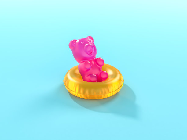 充气圈与橡皮糖熊在蓝色粉彩背景。暑假概念。最小抽象墙纸概念。天鹅绒的季节。平的。三维渲染图片下载