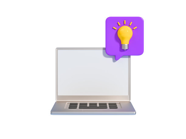 带灯泡的3D笔记本电脑。的想法,解决方案。经营战略概念。在办公室进行头脑风暴。在线教育标志应用程序。卡通创意设计图标孤立在白色背景。三维渲染图片下载